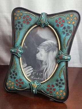 Rustic Western Turquoise Tooled Leather-Look 4x6 Photo Frame by Rainbow